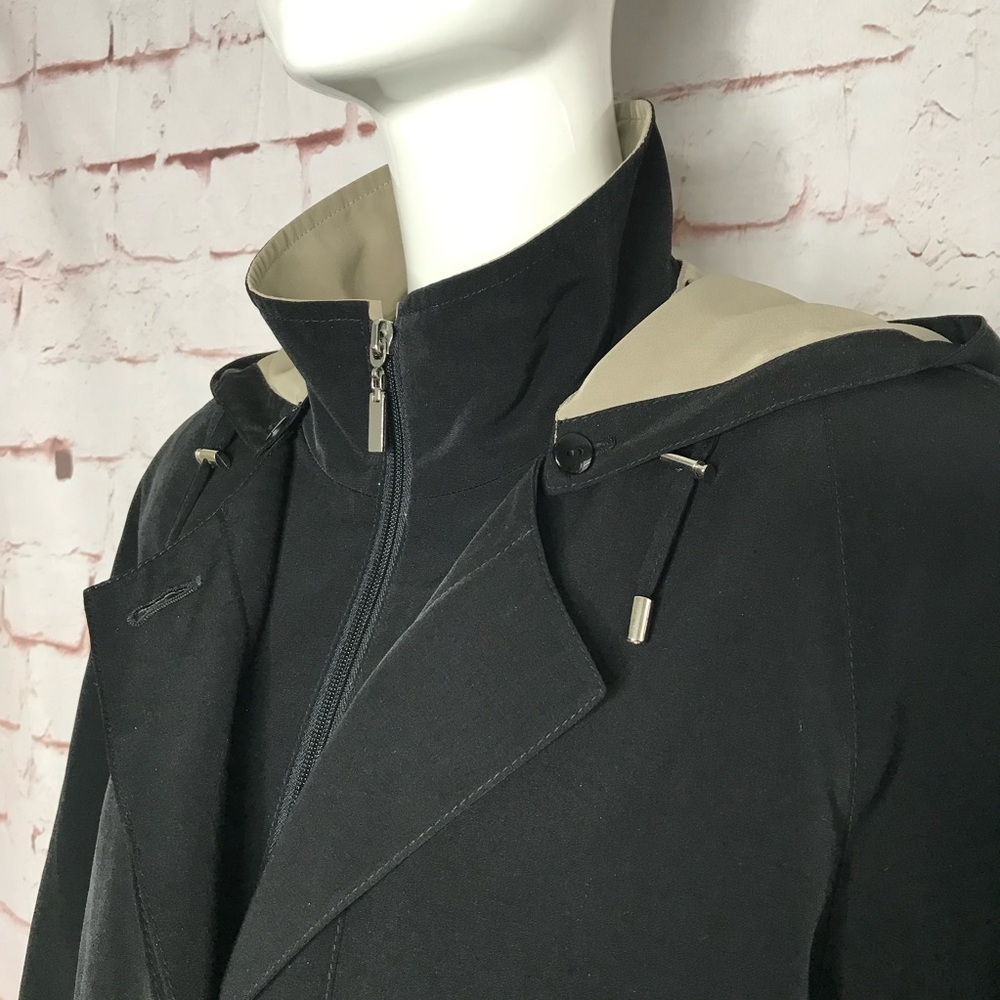 GALLERY Black & Taupe Trench Coat Raincoat detach Hood Size Medium 37” Length - Picture 3 of 16